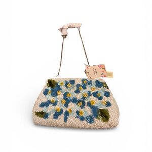 Chic Floral Beaded Shoulder Bag - Cream and Blue